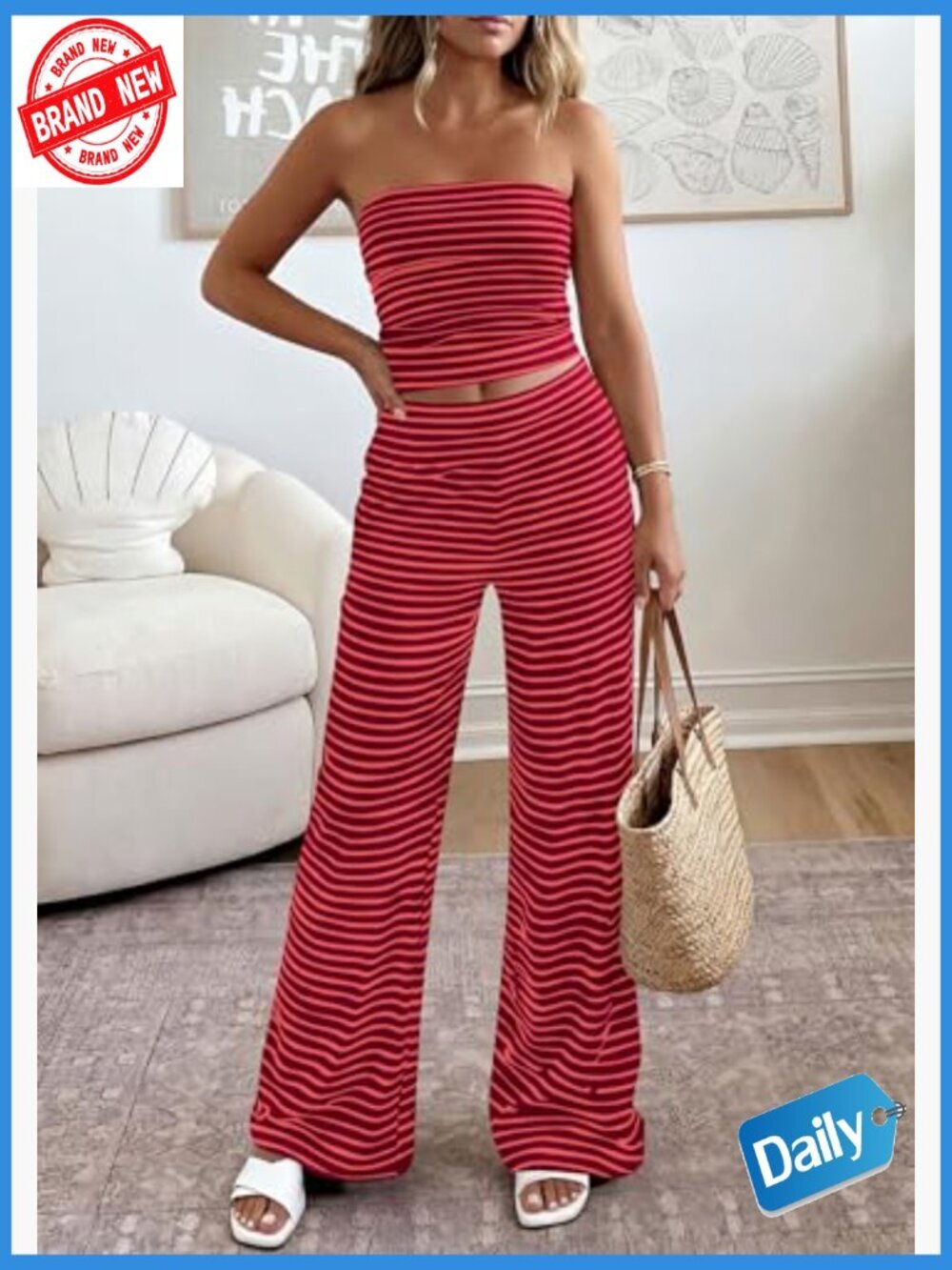 Two Piece Stripe Tube Top & Wide Leg Pants Set Summer Travel Outfit - Picture 4 of 7